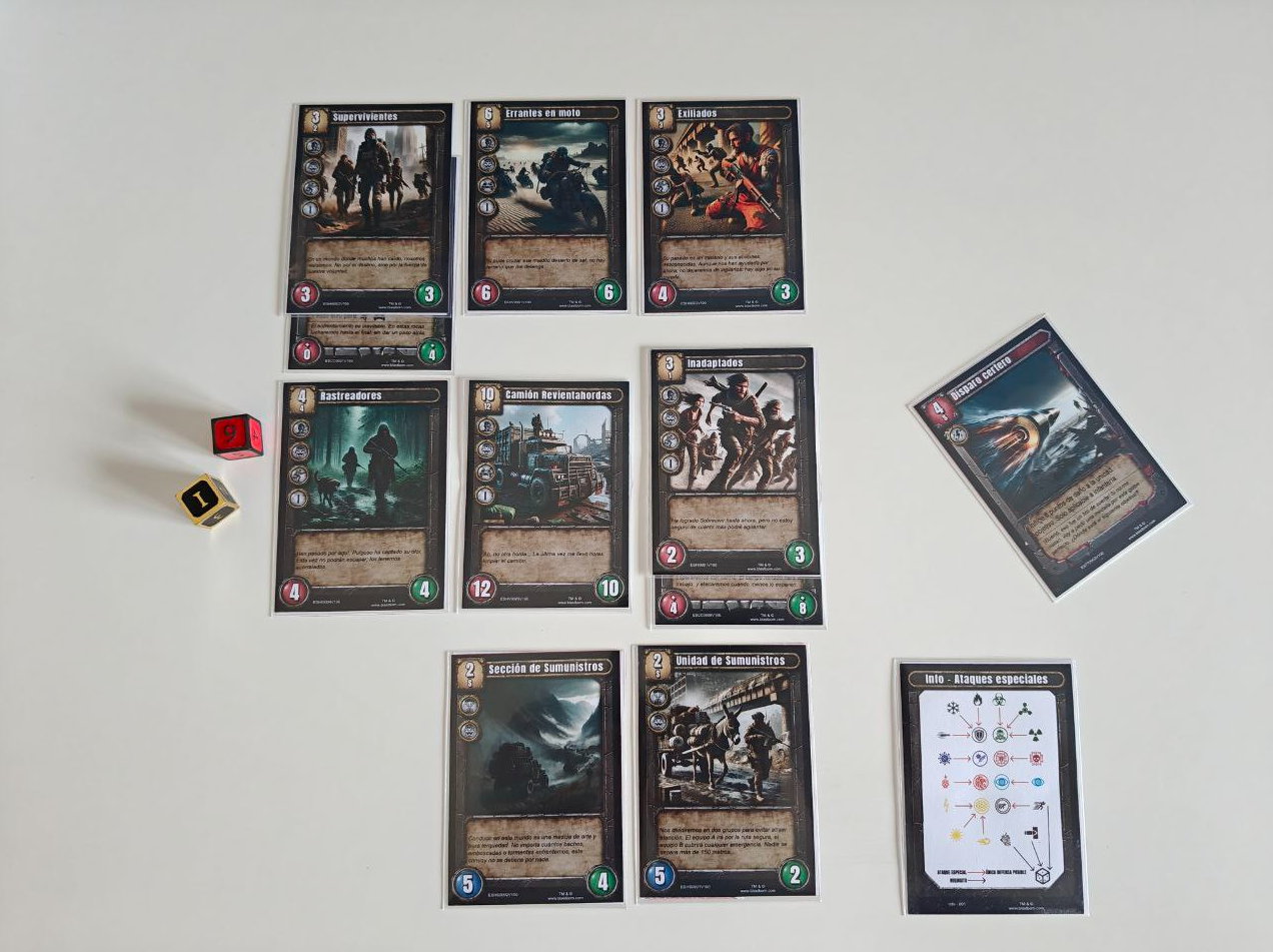 Human faction cards during a match, placed on a white table showing the battlefield levels