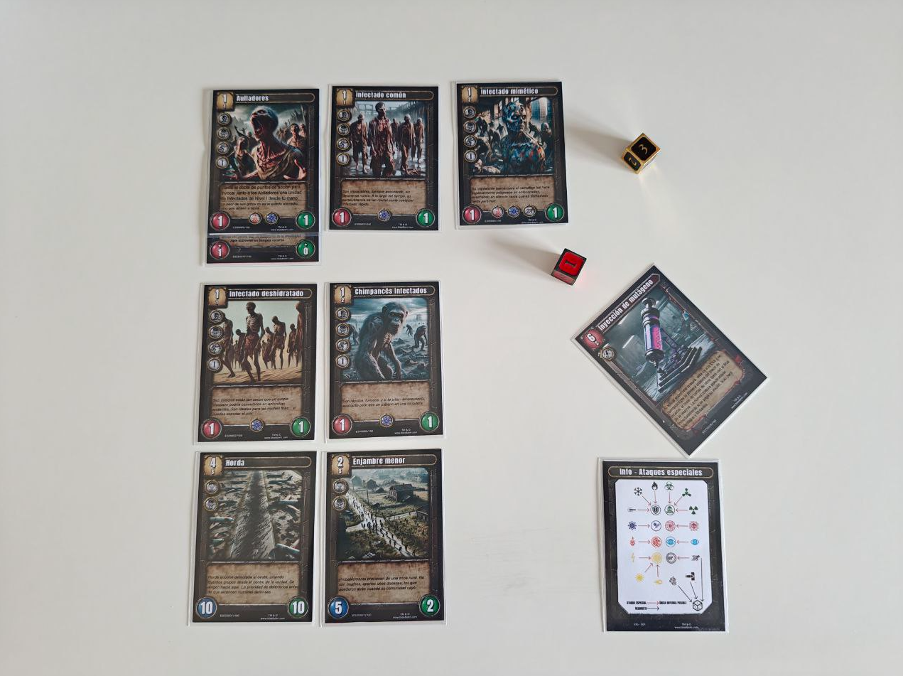 Infected faction cards during a match, placed on a white table showing the battlefield levels