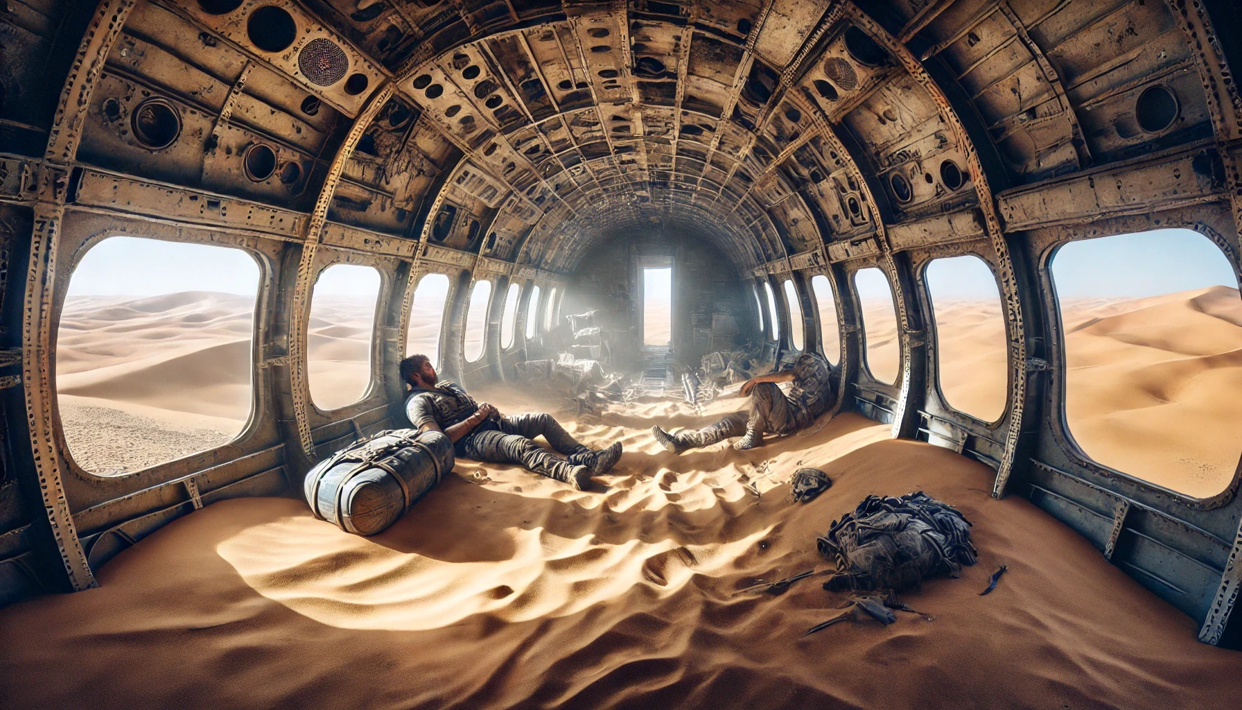 Two survivors rest in the shade inside the rusty fuselage of a crashed plane, their only shelter in the vast desert.