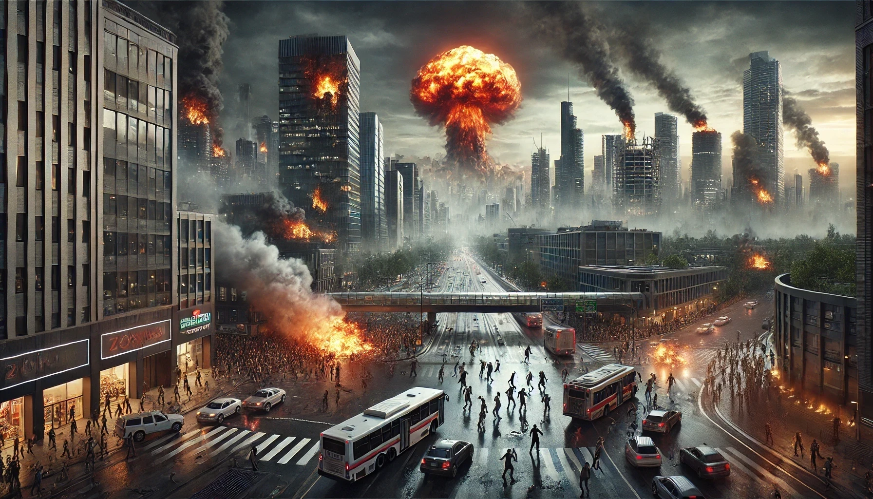 The zombie-infested city is absolute chaos, with survivors desperately fleeing among abandoned vehicles and burning buildings. In the background, a nuclear explosion rises as a last attempt to stop the plague.