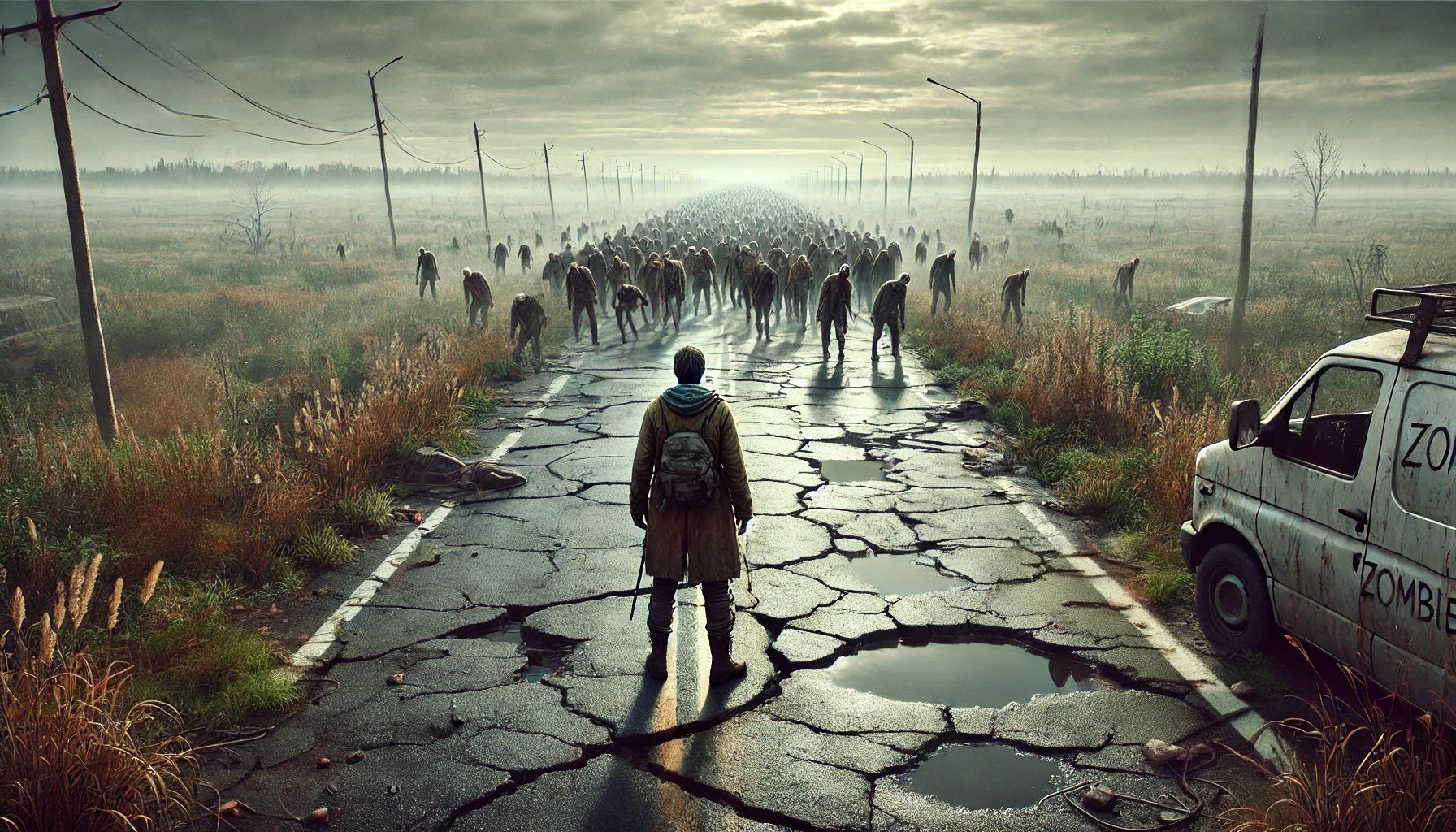 On a deserted rural road surrounded by overgrown grass, a lone man watches the slow approach of a horde of infected. Beside him, an abandoned van with the word 'zombie' written multiple times warns of the danger ahead.
