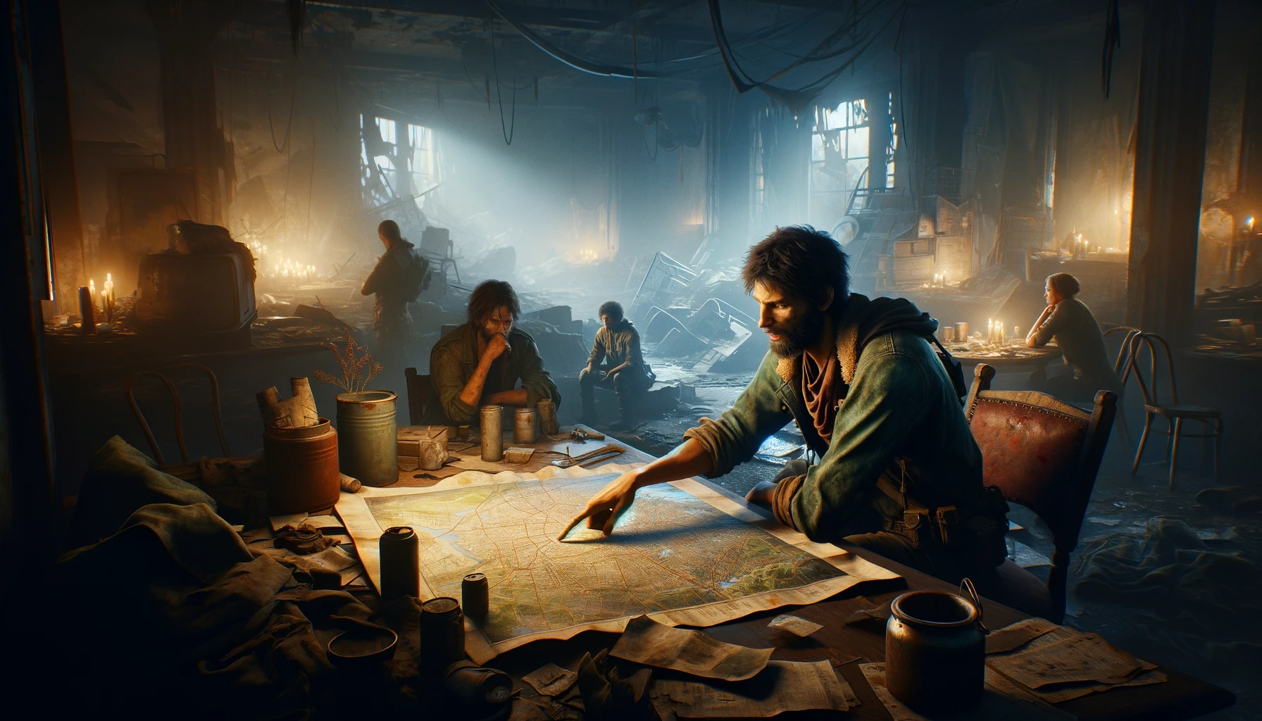 A group of survivors spends the night in an abandoned building, illuminated by candles and improvised lamps. In the foreground, one of them studies a city map, pointing to the next destination, while another listens attentively at the same table, planning their next moves.