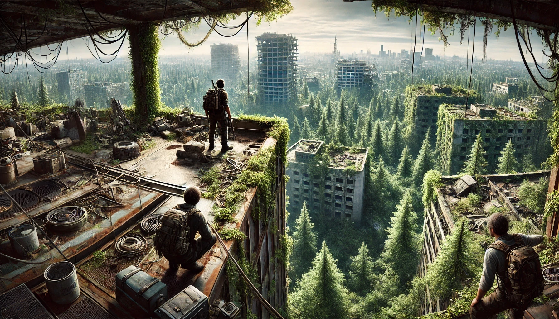 A group of three survivors climbs to the top of an abandoned building, overlooking a deserted city now overtaken by nature, with trees and vegetation covering the once-bustling streets.