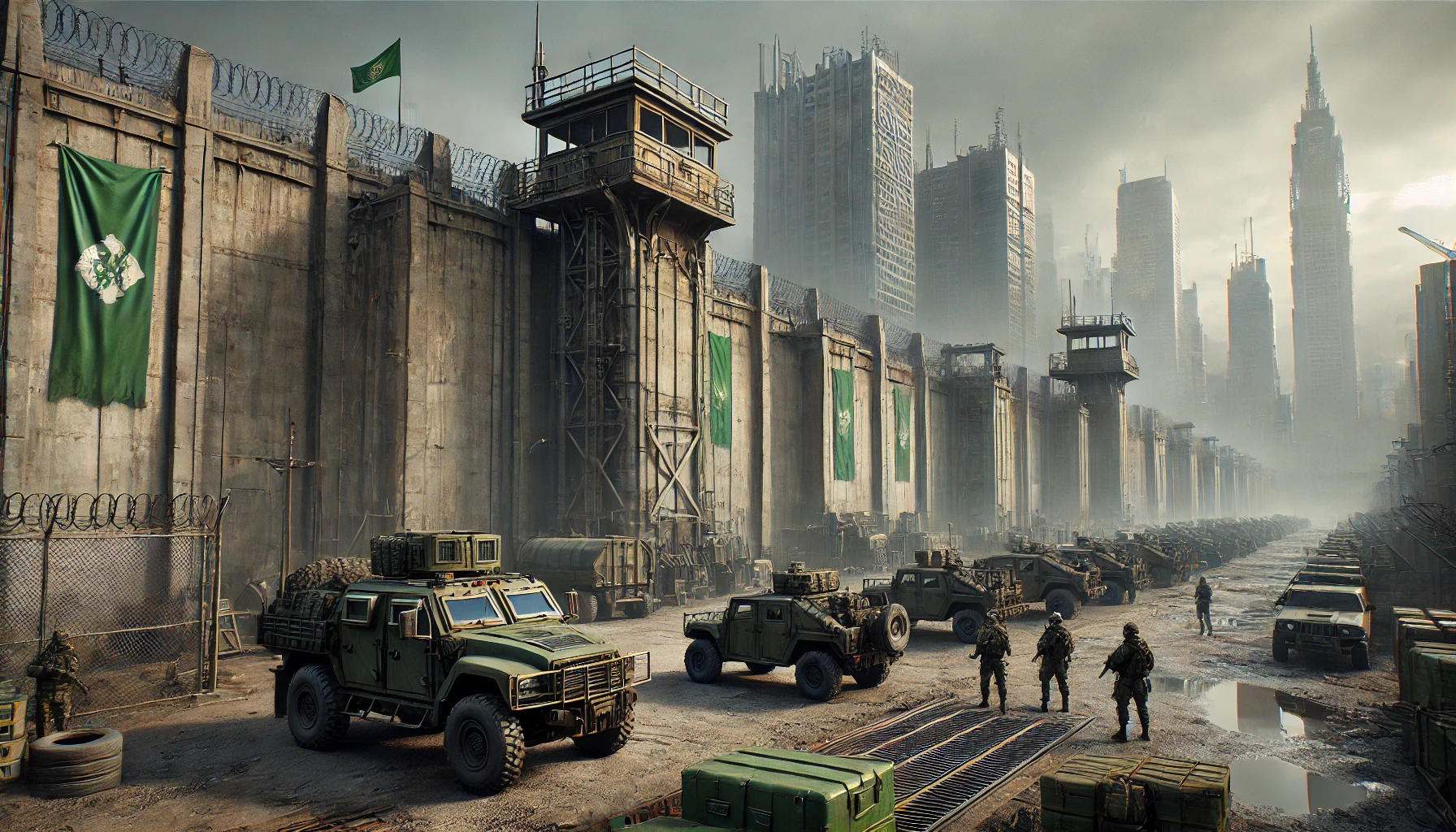 A fortified wall protects one of the last survivor cities, with defensive towers and green banners displaying the city's white emblem. At the base of the wall, light armoured vehicles and armed soldiers stand guard, turning the site into a bastion of human resistance.