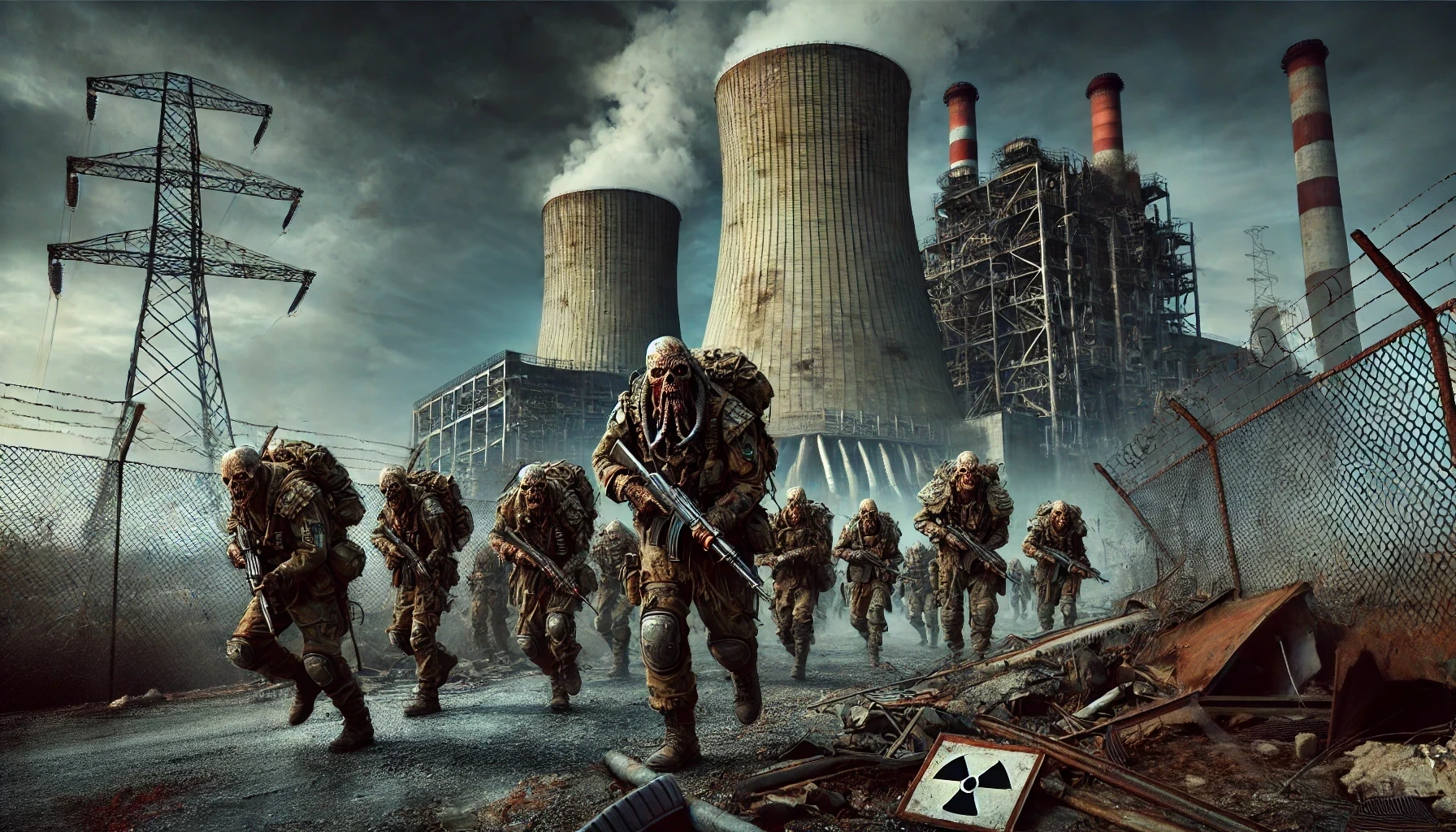 A group of mutants, heavily armed, emerges from the interior of an old nuclear power plant they have managed to reactivate.