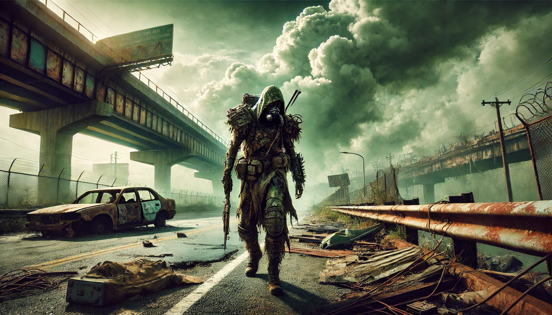 A mutant clad in rags, wielding a rifle in their right hand, walks through the entrance of an old highway surrounded by rusty cars and metal debris. In the dark sky, a storm looms overhead.