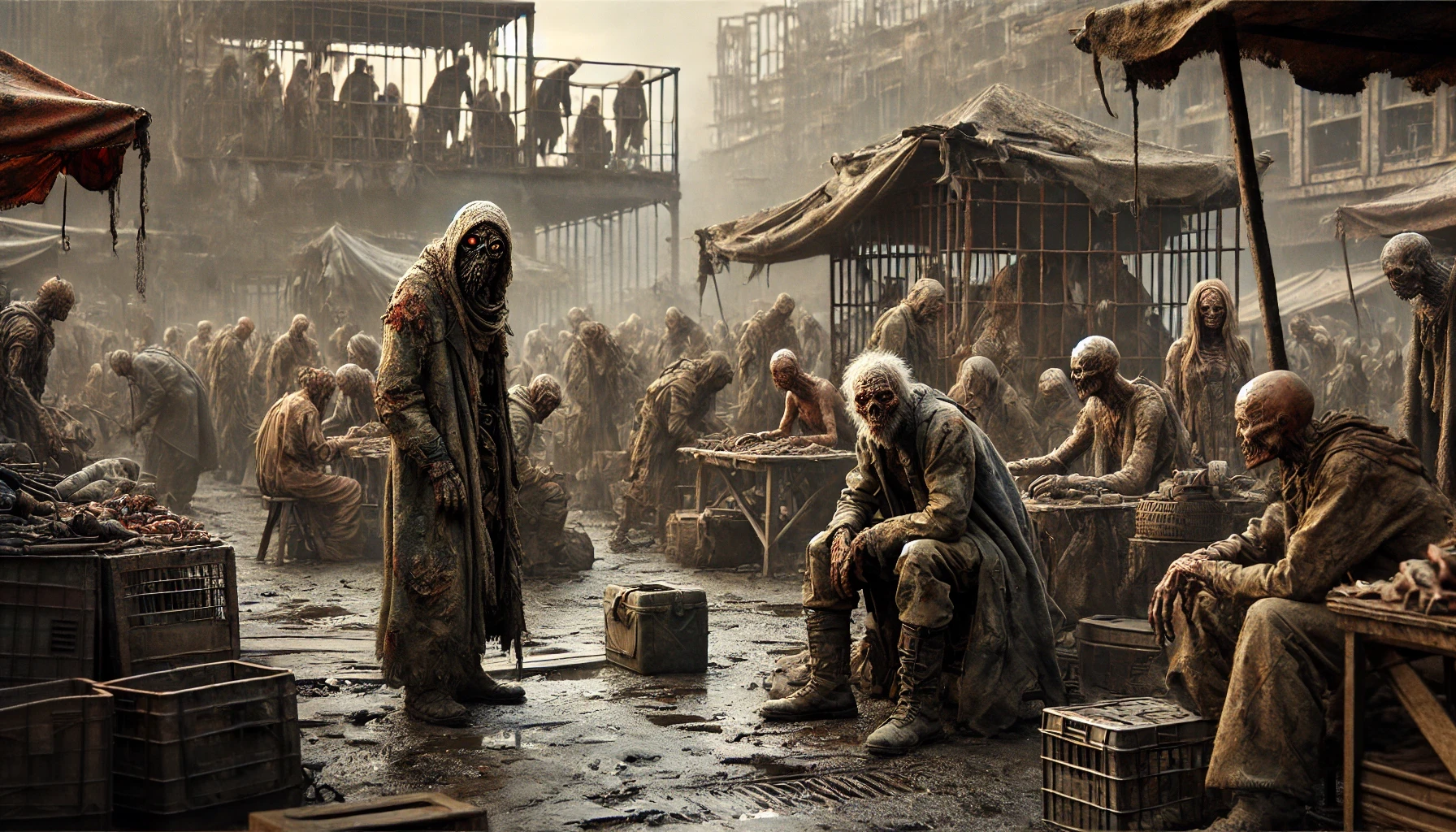 In a dark slave market within a mutant city, mutants trade captured humans destined to become slaves, livestock, or ritual sacrifices. The humans, dressed in rags and bearing fearful expressions, are confined in cages, many of them malnourished and exhausted.