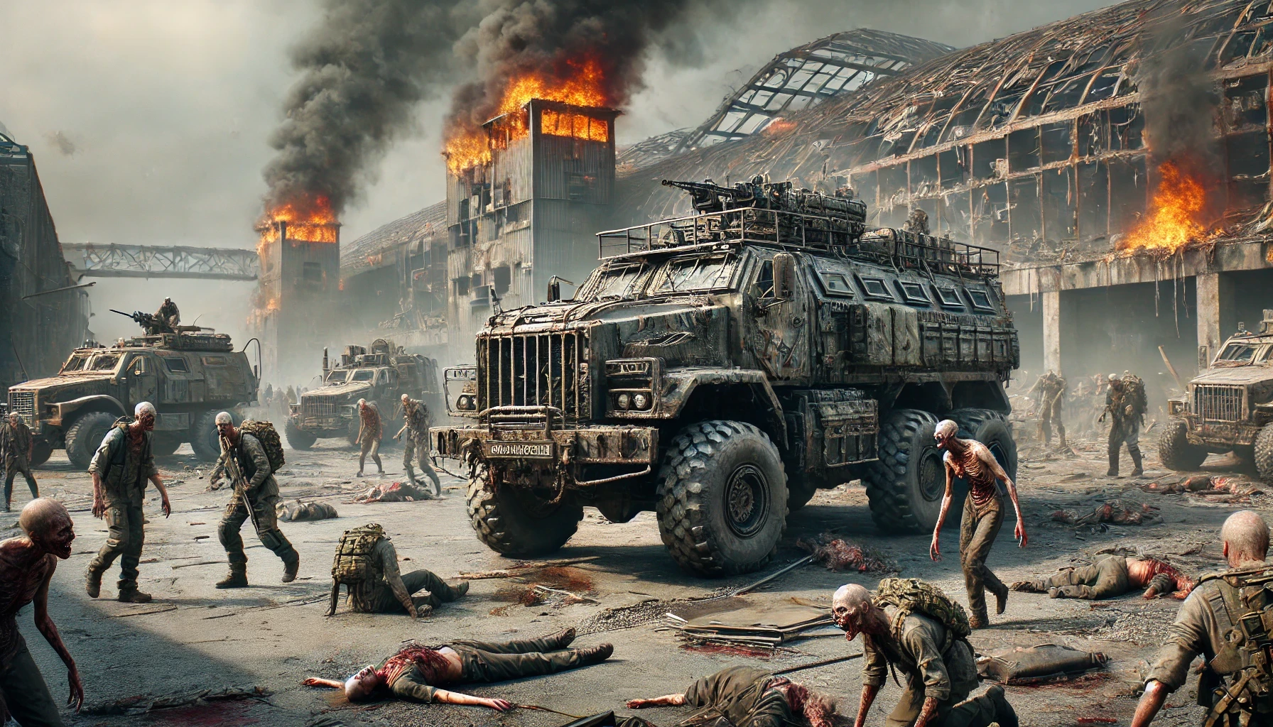 A group of zombies wanders through the ravaged military base, among abandoned vehicles and corpses, while some buildings still burn under a smoke-filled sky.
