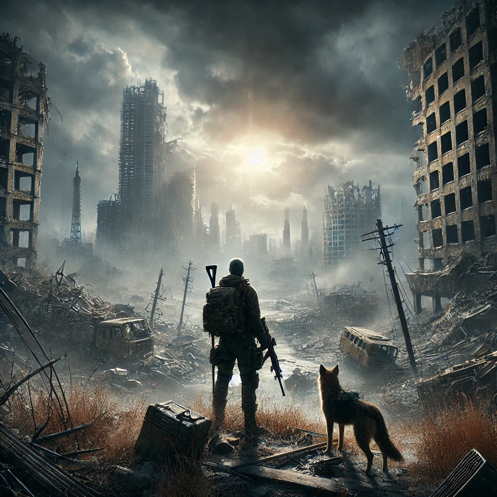 Un superviviente, acompañado de su fiel perro, contempla en silencio las ruinas de lo que alguna vez fue una ciudad vibrante, ahora reducida a escombros por el apocalipsis. El cielo, cubierto por densas nubes oscuras, comienza a abrirse lentamente, dejando que los primeros rayos del sol se filtren entre la desolación.