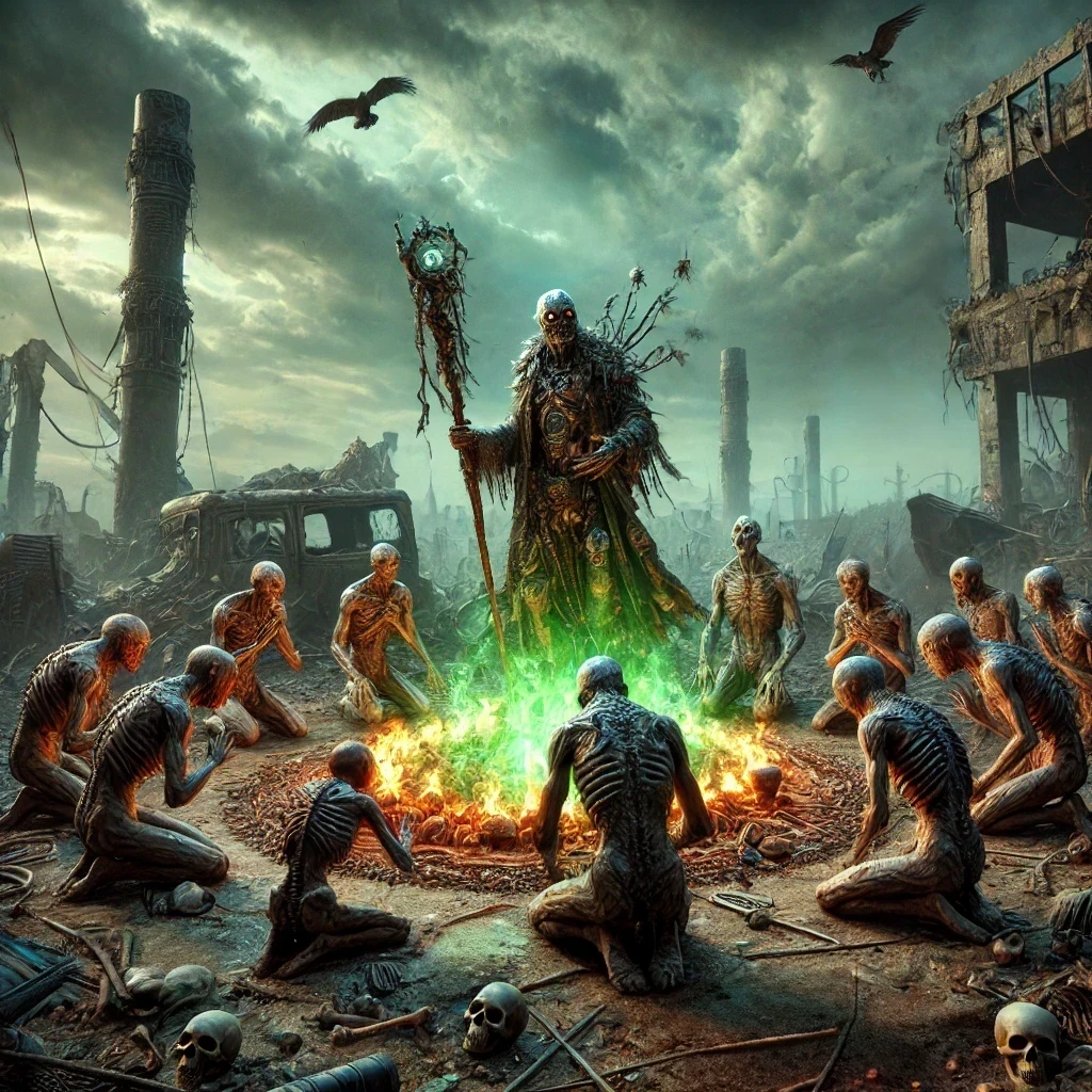 Un chamán, de pie con su bastón en mano, oficia un rito religioso frente a una hoguera cuyas llamas verdes iluminan las sombras. A su alrededor, mutantes arrodillados murmuran plegarias en un coro extraño. El escenario es desolador, unas ruinas industriales, oxidadas y olvidadas.