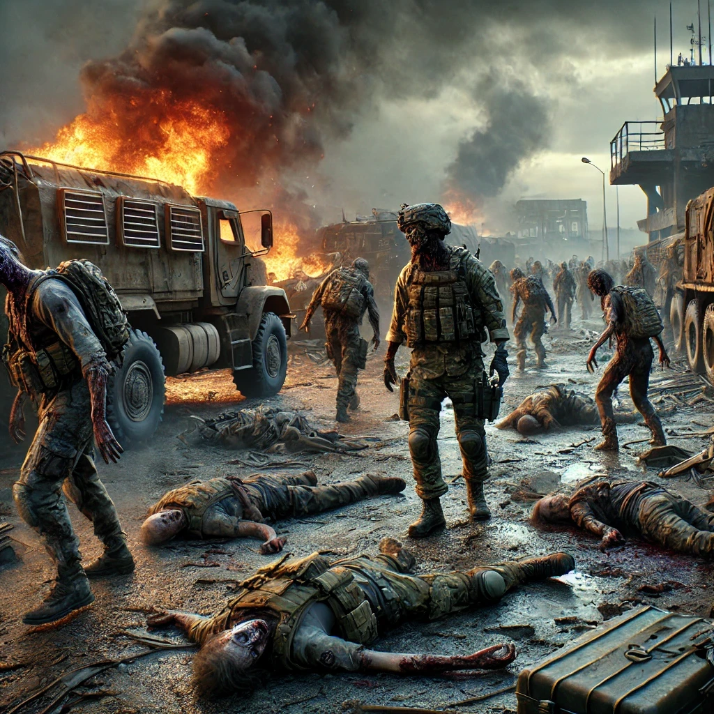 Un grupo de infectados deambula entre los escombros de una base militar destruida. Hace apenas unas horas, los soldados luchaban con todas sus fuerzas contra la horda, pero ahora yacen inmóviles en el suelo, mientras otros, convertidos, se han unido al caos.